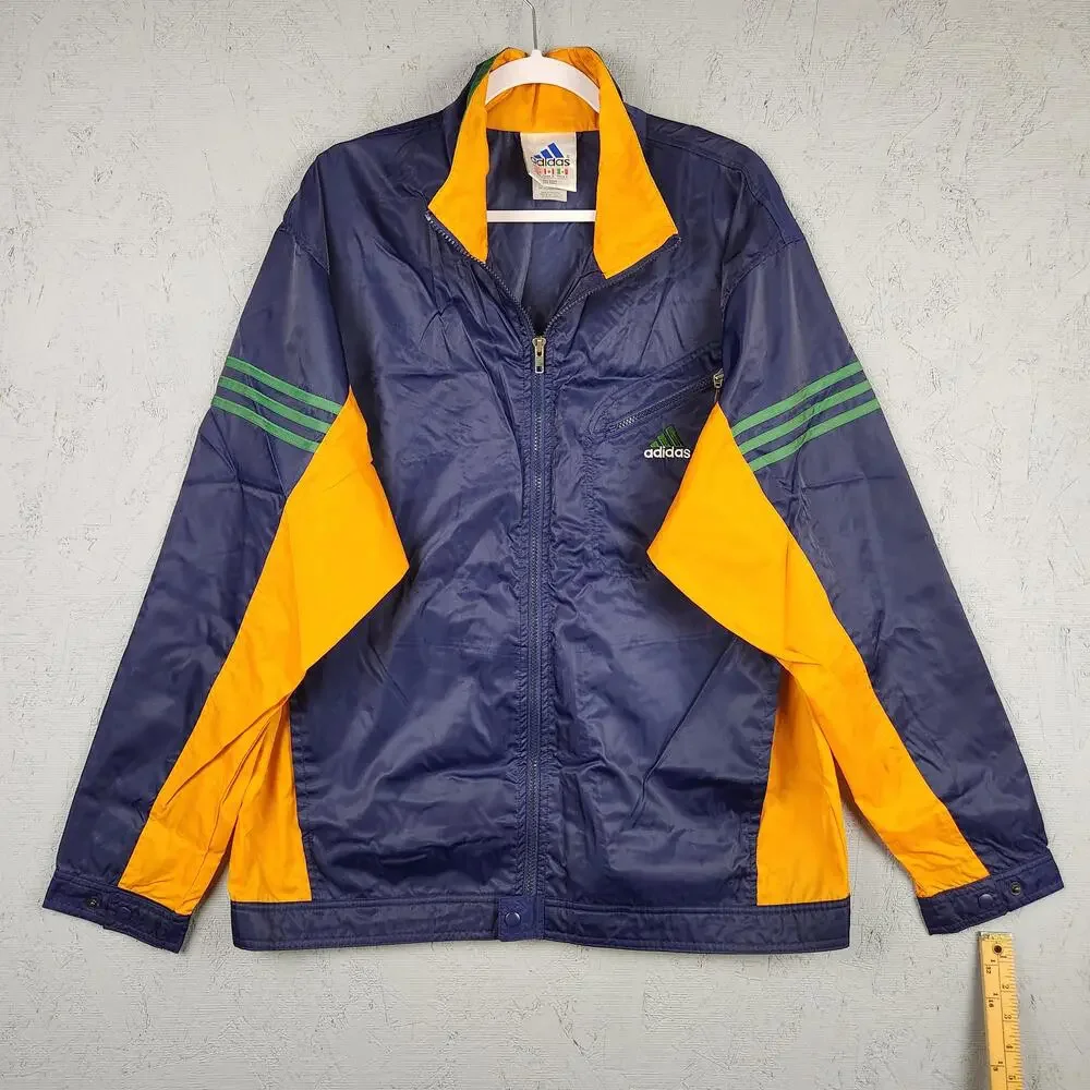 Adidas Jacket Mens Large Blue Yellow Windbreaker Track Nylon 3 Stripes Full Zip